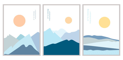 Set of vector illustrations posters blue mountain landscapes at sunset. Geometric landscape background in asian japanese style. Abstract symbol for print, poster, textile, notebook, postcard, card