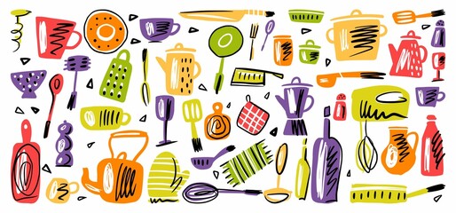 Vector collection of Scandinavian-style kitchen utensils, crockery and cutlery, hand-drawn.