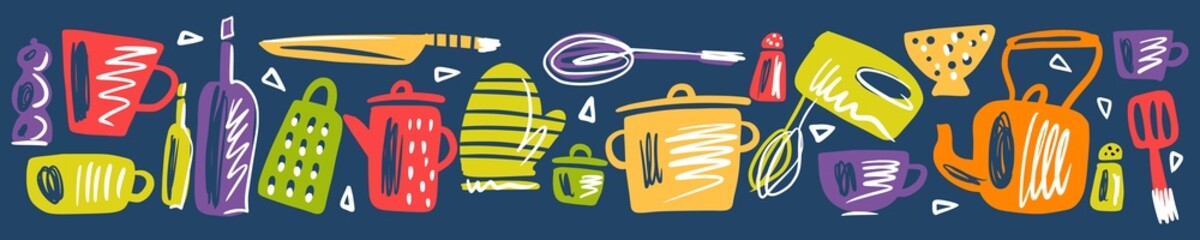 An illustration with kitchen utensils, hand-drawn dishes in the Scandinavian style.