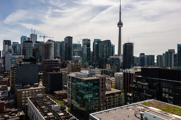 downtown drone  city views of cntower and Toronto skyline 