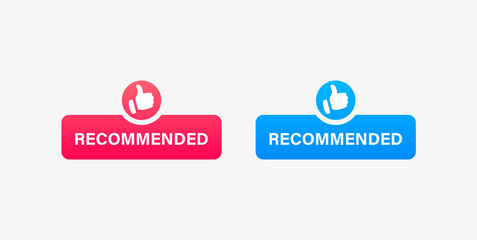 Recommended buttons with thumbs up icon in modern label banner. like icon with recommend button - best choice sticker banners 