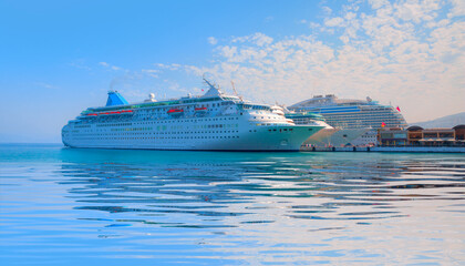 Fototapeta na wymiar The cruise ship is located on Kusadasi Island in the port of Kusadasi, Turkey