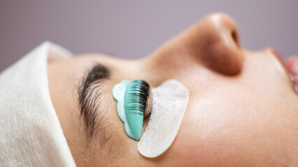 Profile of a woman in a beauty salon on the procedure of eyelash lamination. 