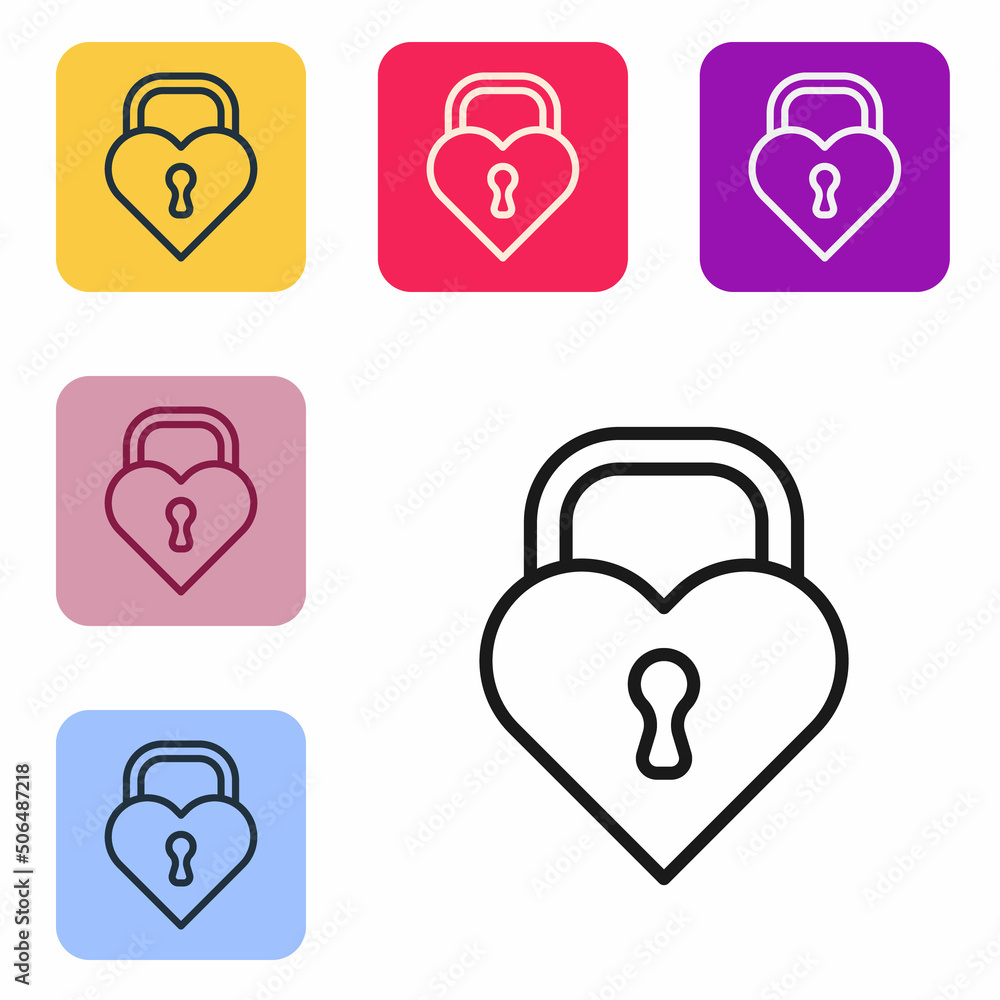 Poster black line castle in the shape of a heart icon isolated on white background. locked heart. love symb