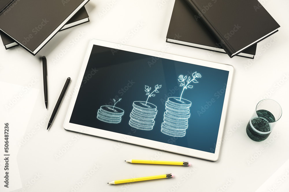 Poster creative abstract cash savings sketch on modern digital tablet display, success and solution concept