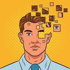 Broken fragmented man personality mental illness pop art retro vector illustration. Comic book style imitation.