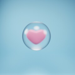 Pink heart in glass bubble against light blue background, 3d render
