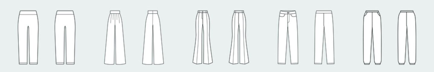 Fototapeta Pants, trousers, jeans. Set of female vector templates isolated on a grey background. Front and back view. Outline fashion technical sketch of clothes model. obraz