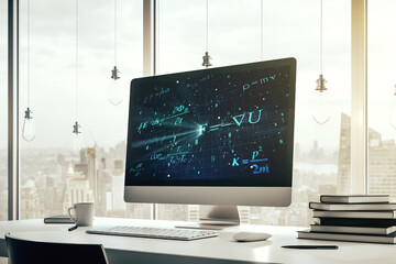 Creative scientific formula illustration on modern computer monitor, science and research concept....