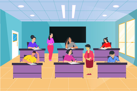 Group of Students doing exam at classroom and two female Teachers are Invigilating. Vector cartoon illustration.