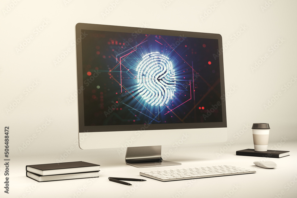 Fototapete Computer monitor with abstract fingerprint scan interface, digital access concept. 3D Rendering