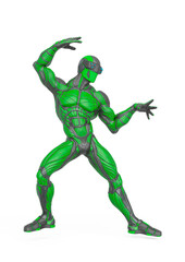 super hero is doing a dynamic fight pose in an exosuit