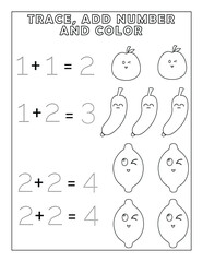 Number Trace Add Number And Color, Tracing And Coloring pages for Kids