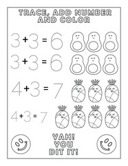 Number Trace Add Number And Color, Tracing And Coloring pages for Kids