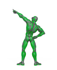 super hero is pointing up and showing the way in an exosuit rear view