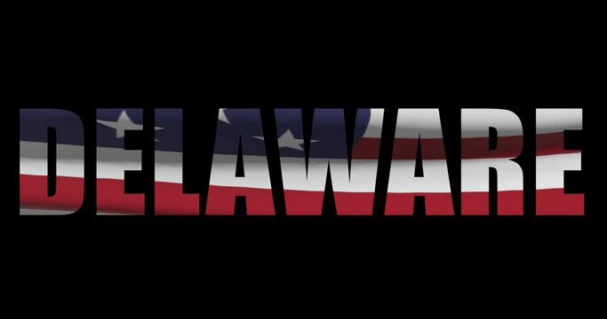 Delaware state name with american flag waving, alpha channel footage
