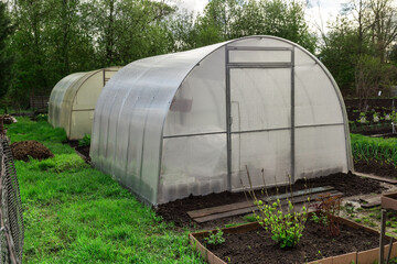 Fototapeta na wymiar greenhouse in the garden. Greenhouse made of polycarbonate