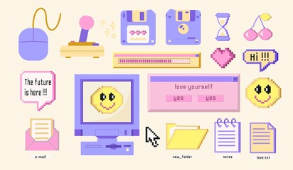 Old pc groovy game 90s aesthetic. Pixel icons, diskette, joystick, dialog boxes. Set of vector vaporwave and retrowave style elements.