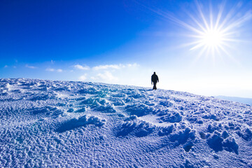 Amazing winter snowy scenery of famous and popular touristic landmark - old desolate observatory on...