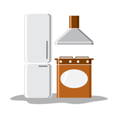 Kitchen interior with furniture vector illustration. Room with refrigerator, oven and range hood.