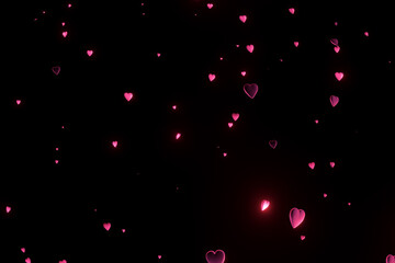 3D Render of many small pink hearts on black background. St Valentine day. Trendy backdrop for your design. Three-dimensional illustration