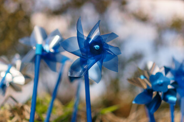 Close up of bright blue pinwheels which are a symbol commemorating National Child Abuse Prevention Month.
