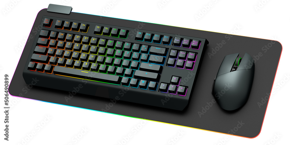 Poster computer keyboard and mouse on professional pad isolated on white background.