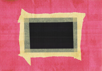 dark underexposed photo paper fixed by crepe tape on red copy paper background. real scan.