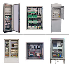 six electrical control cabinets of various designs and purposes, isolated on white background