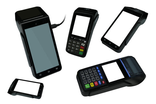 five credit card swipe on white background, object, technology, business, modern