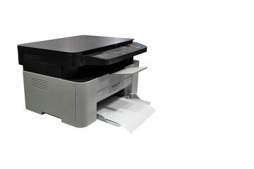 side view, black and white plastic printer and white paper on white background, technology, object,...