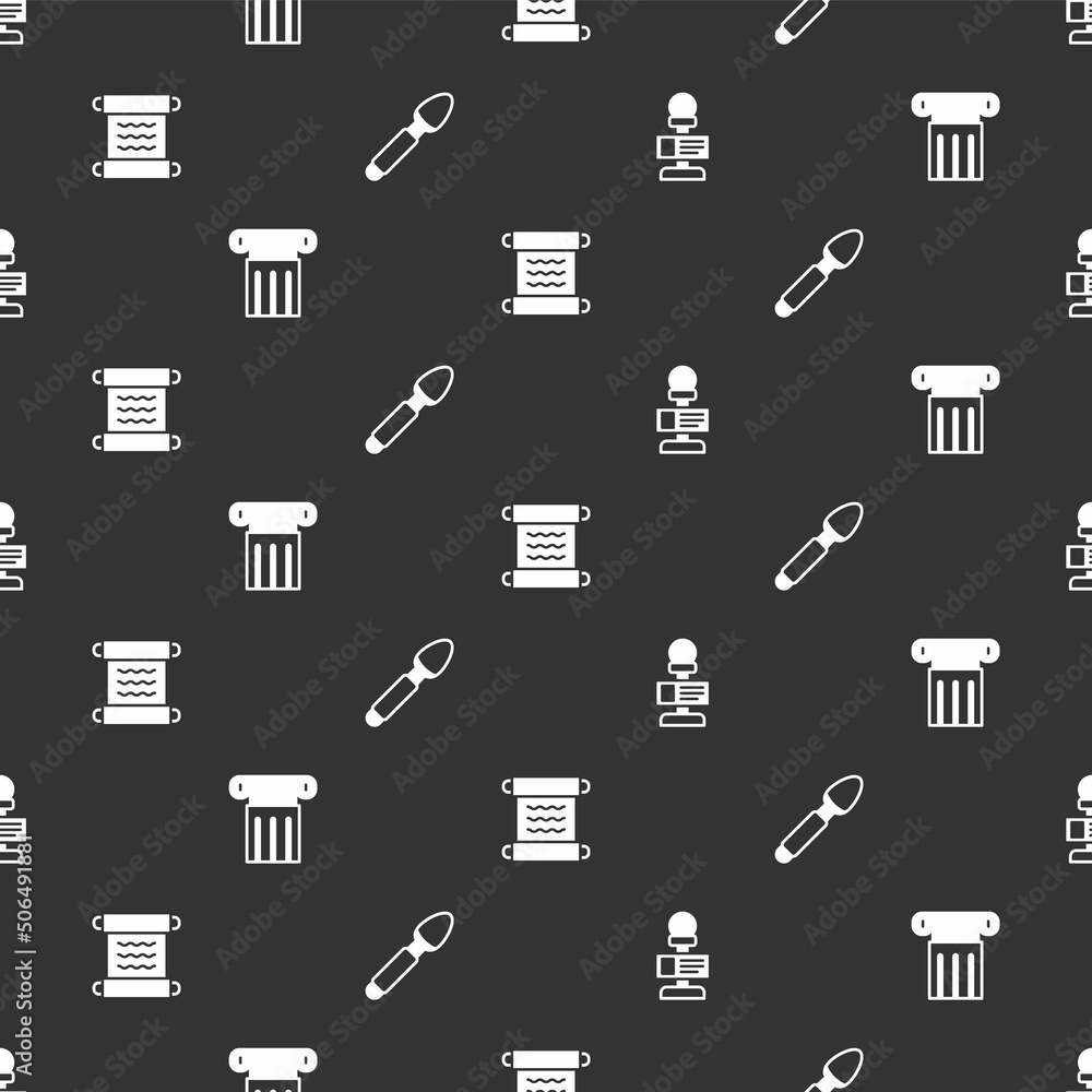 Poster set microphone, ancient column, papyrus scroll and silver spoon on seamless pattern. vector
