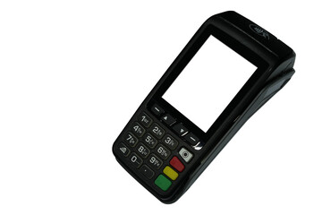top view, white screen and black credit card swipe on white background, object, technology, business, modern, copy space