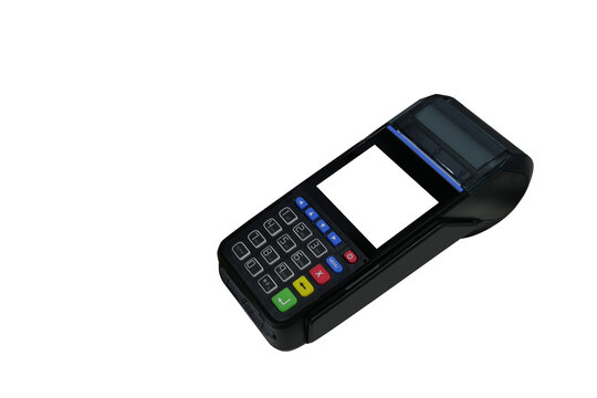 top view, white screen and black plastic credit card swipe on white background, object, technology, business, modern, copy space