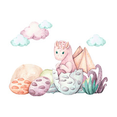 Dragon baby animals watercolor illustration. Dinosaurs for kids. Fairy dragons. Funny dragon, cute magic lizard with wings and baby. Flying dragon medieval reptile flies fantas