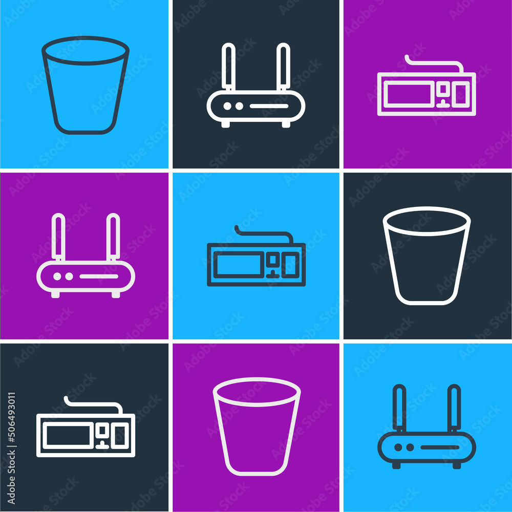 Aufkleber set line trash can, keyboard and router and wi-fi signal icon. vector