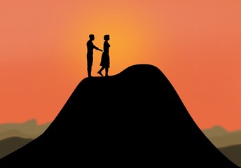 Young couple man and woman silhouettes breaking up on nature sunset background illustration. Digital drawing of begging and rejection concept idea. Empty blank copy space for advertising or ad texts.