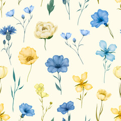 seamless pattern with yellow and blue watercolor flowers