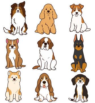 Set of outlined cute and simple dogs sitting in front view