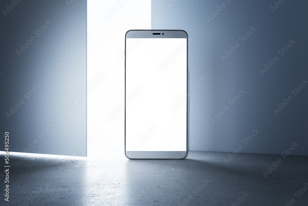 Aufkleber Blank white smartphone display with copyspace for your text in empty industrial design hall and light from a crack in the wall. 3D rendering, mockup