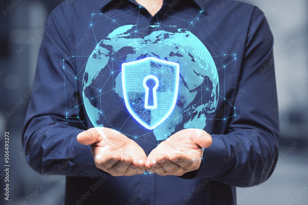 Poster Global internet security concept with digital shield and keyhole inside virtual world globe projected from man hands