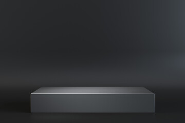 Stylish empty metallic rectangular stand for presentation of your product on dark backdrop. 3D rendering, mock up
