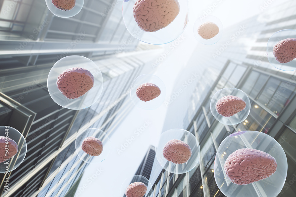 Poster global interconnection and team network concept with human brains in transparent spheres flying amon