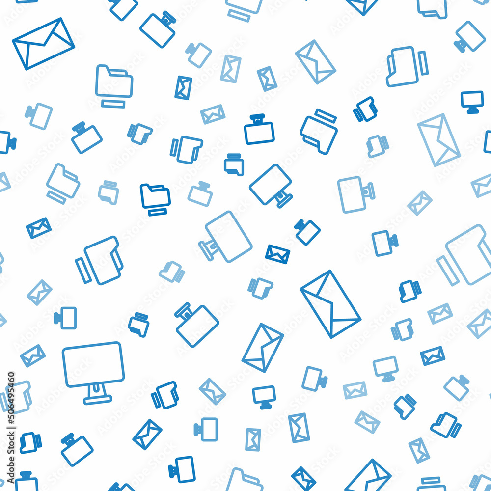 Poster set line computer monitor, mail and e-mail and document folder on seamless pattern. vector