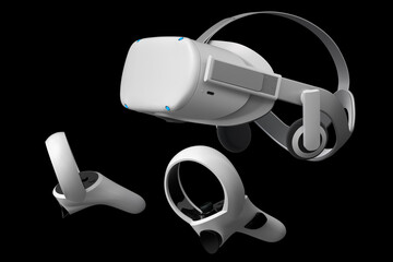 Virtual reality glasses and controllers for online gaming on black background