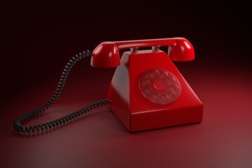 Red classic retro telephone on a red background. 3D render.