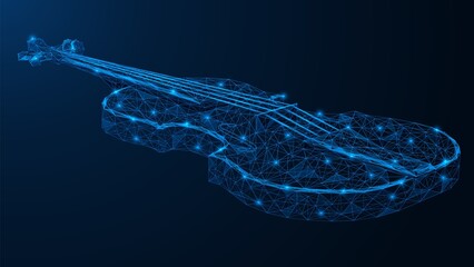 Violin. A four-stringed musical instrument. Polygonal design of interconnected lines and points. Blue background.
