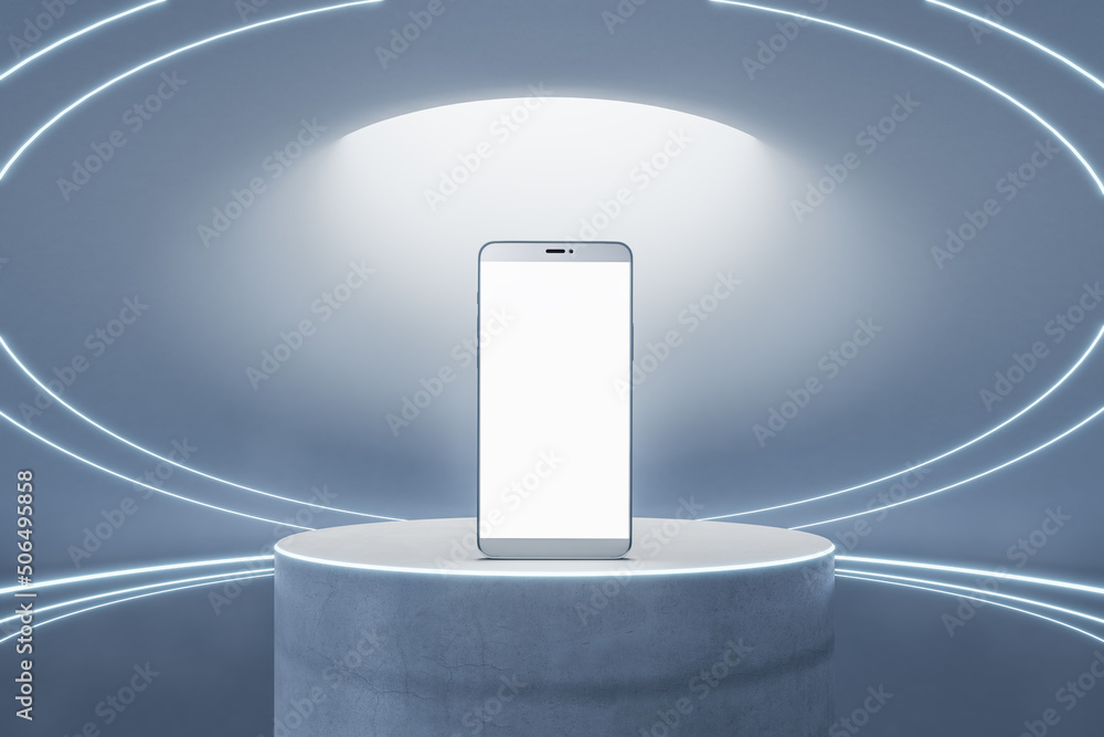 Poster Modern smartphone with blank white screen on round concrete stand in futuristic style hall. 3D rendering, mock up