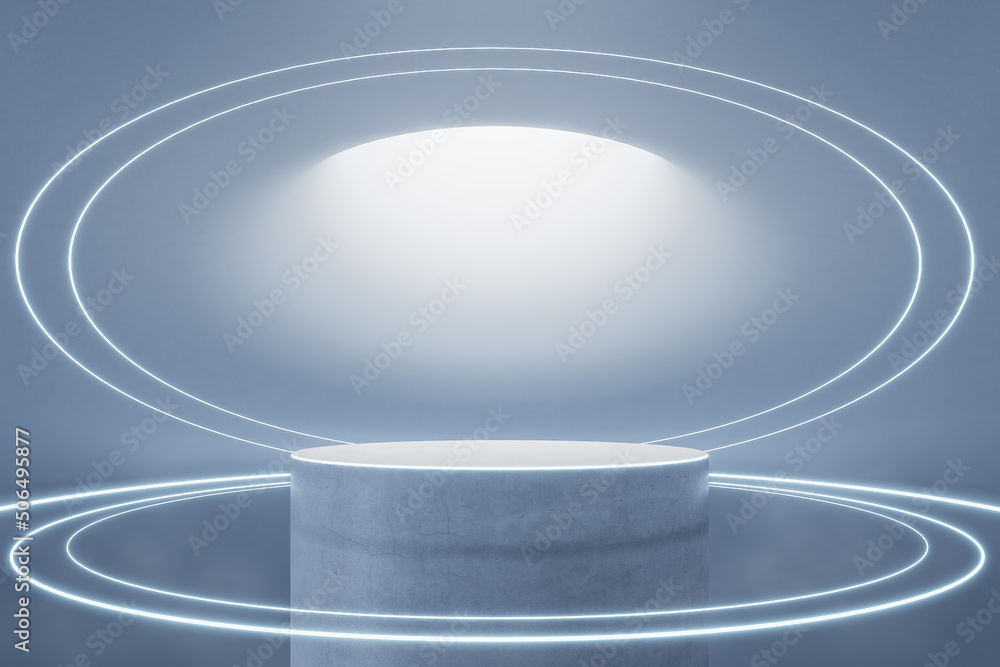 Poster blank round concrete stage for presentation illuminated by light from top in futuristic style hall. 