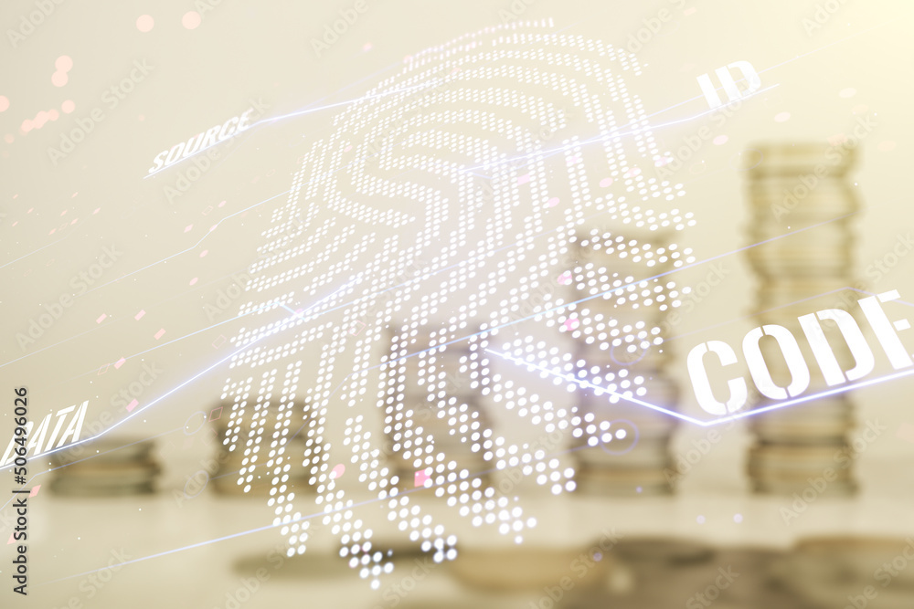 Aufkleber Multi exposure of virtual abstract fingerprint illustration on stacks of coins background, digital access concept